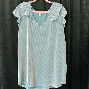 7th Ray Light Teal and Ruffle Trim Textured Top